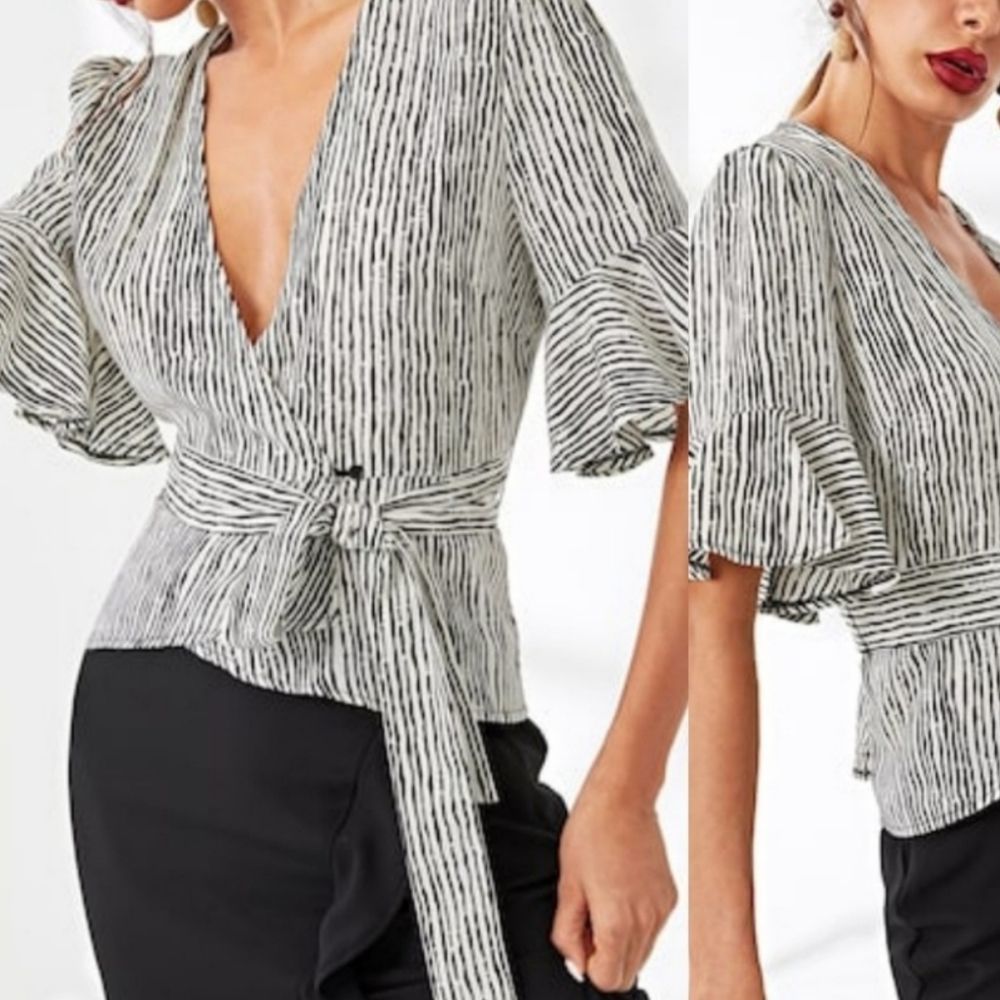 Pinstripe Wrap Tie Waist Blouse - Picture 2 of 6